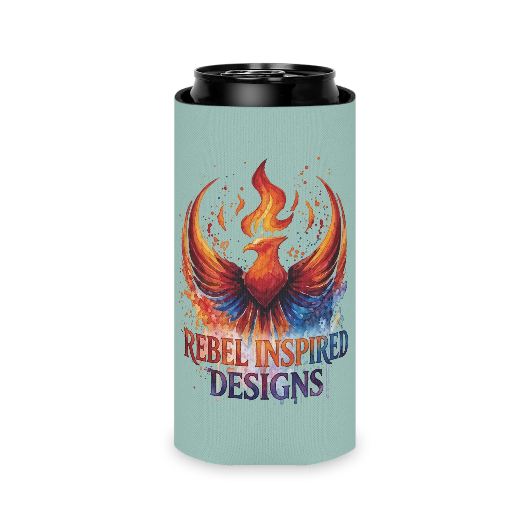 Rebel Inspired Designs Phoenix Can Cooler | Watercolor Flame Drink Sleeve