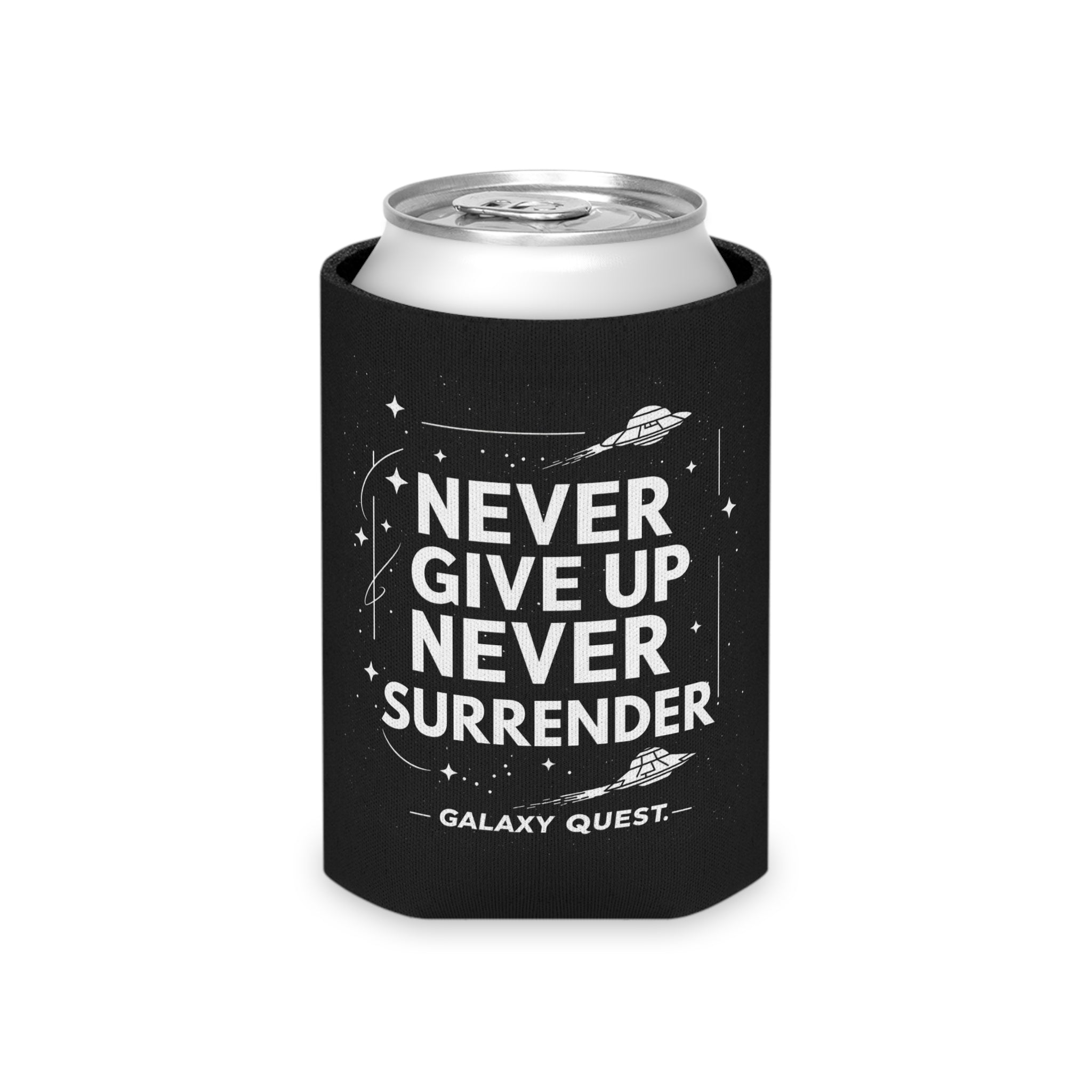 Never Give Up Never Surrender Can Cooler | Sci-Fi Inspired Drink Holder | Geek Gift