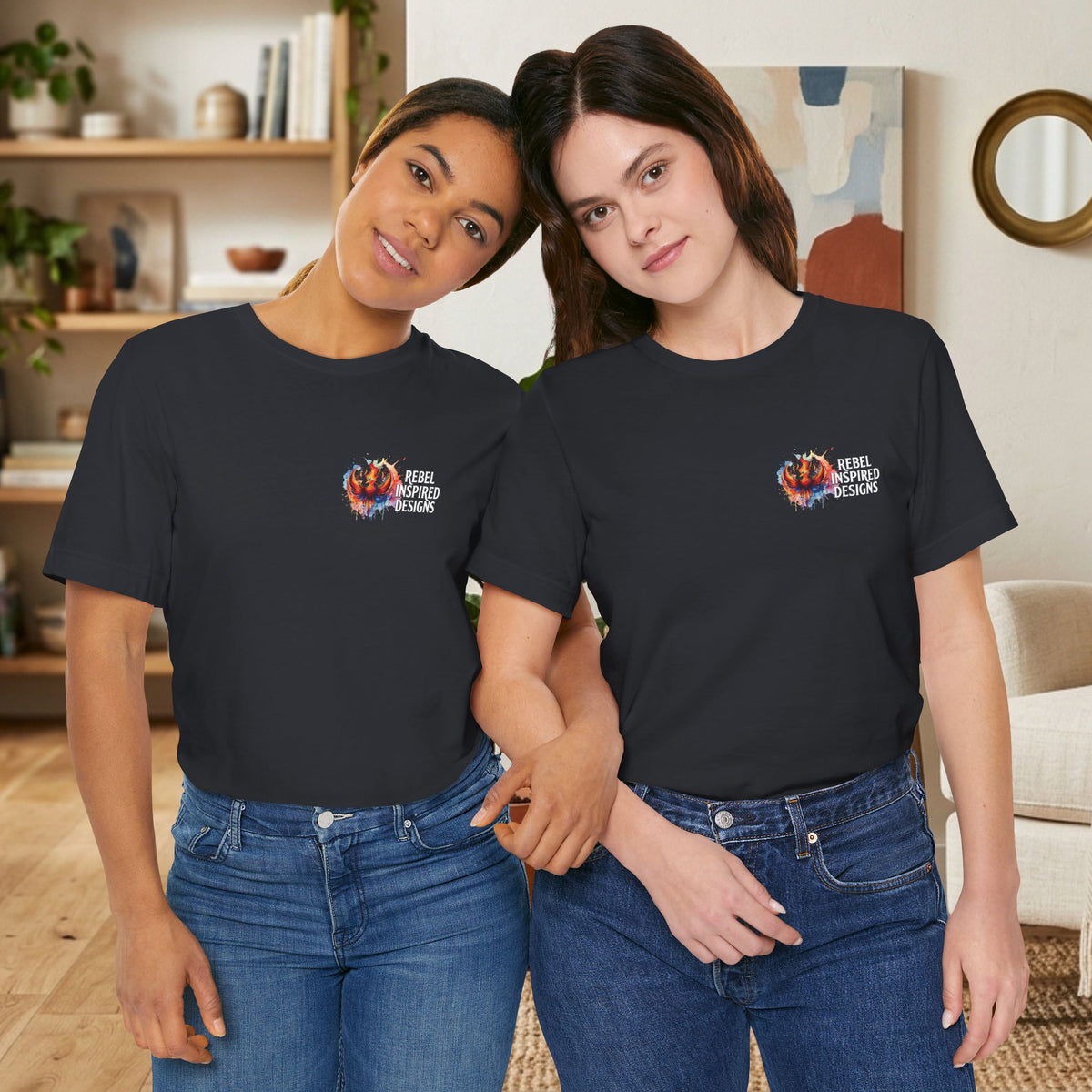 Rebel Inspired Designs Logo T-Shirt | Phoenix Watercolor Chest Print | Together We Rise Graphic Tee
