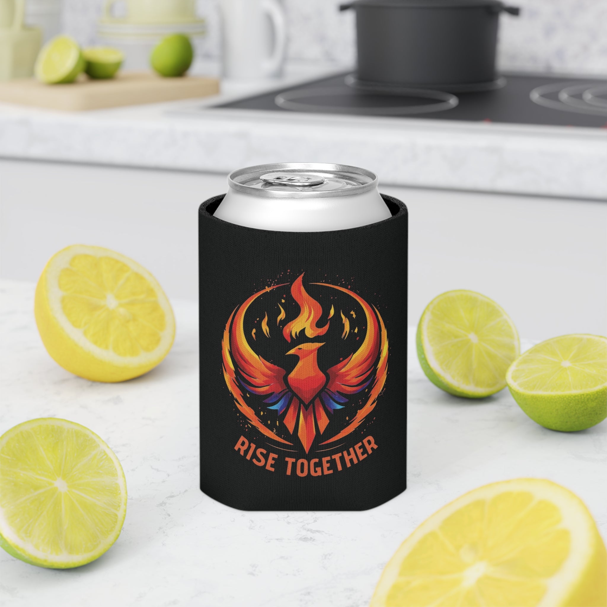Rise Together Phoenix Can Cooler | Rising Phoenix Logo Beverage Insulator