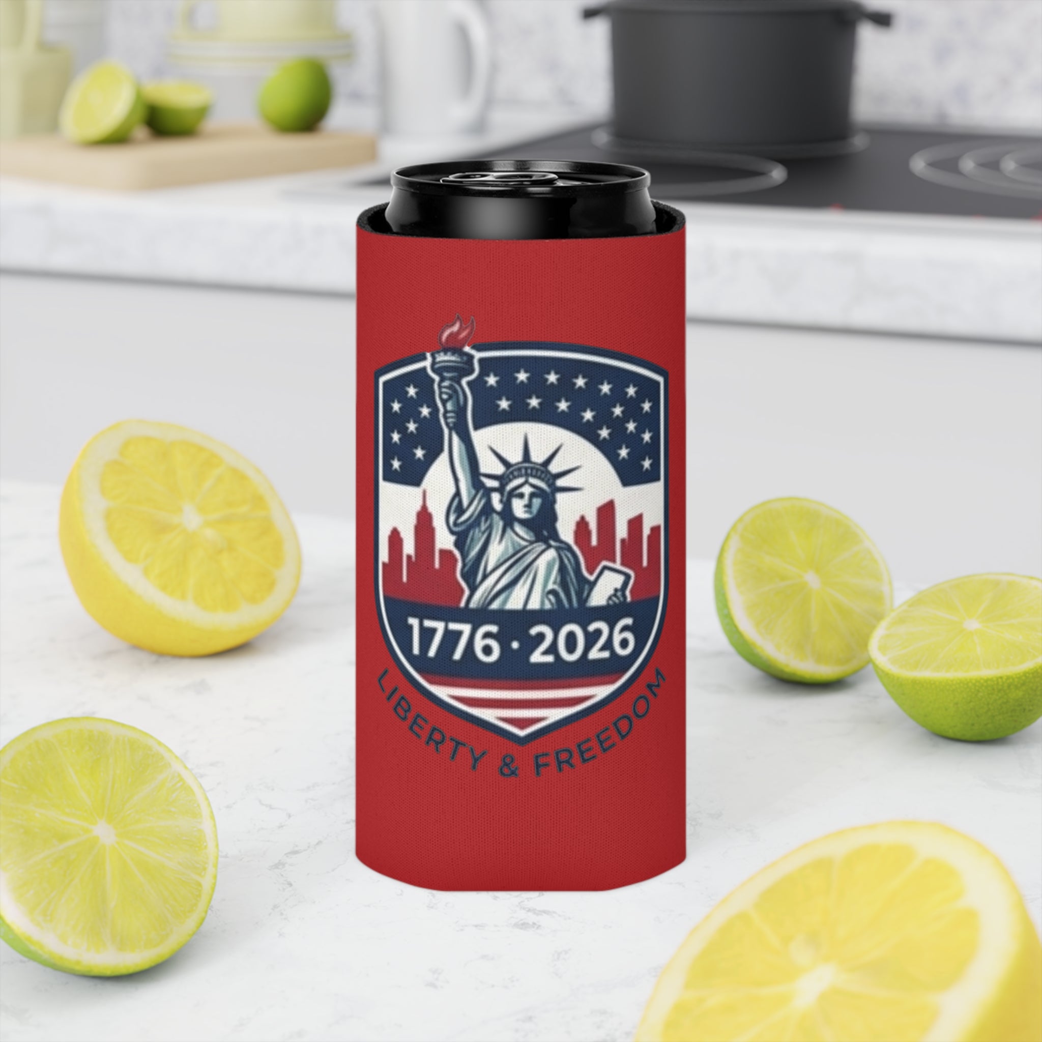 Statue of Liberty 1776-2026 Can Cooler | Patriotic Beer Sleeve | Liberty & Freedom Drink Holder