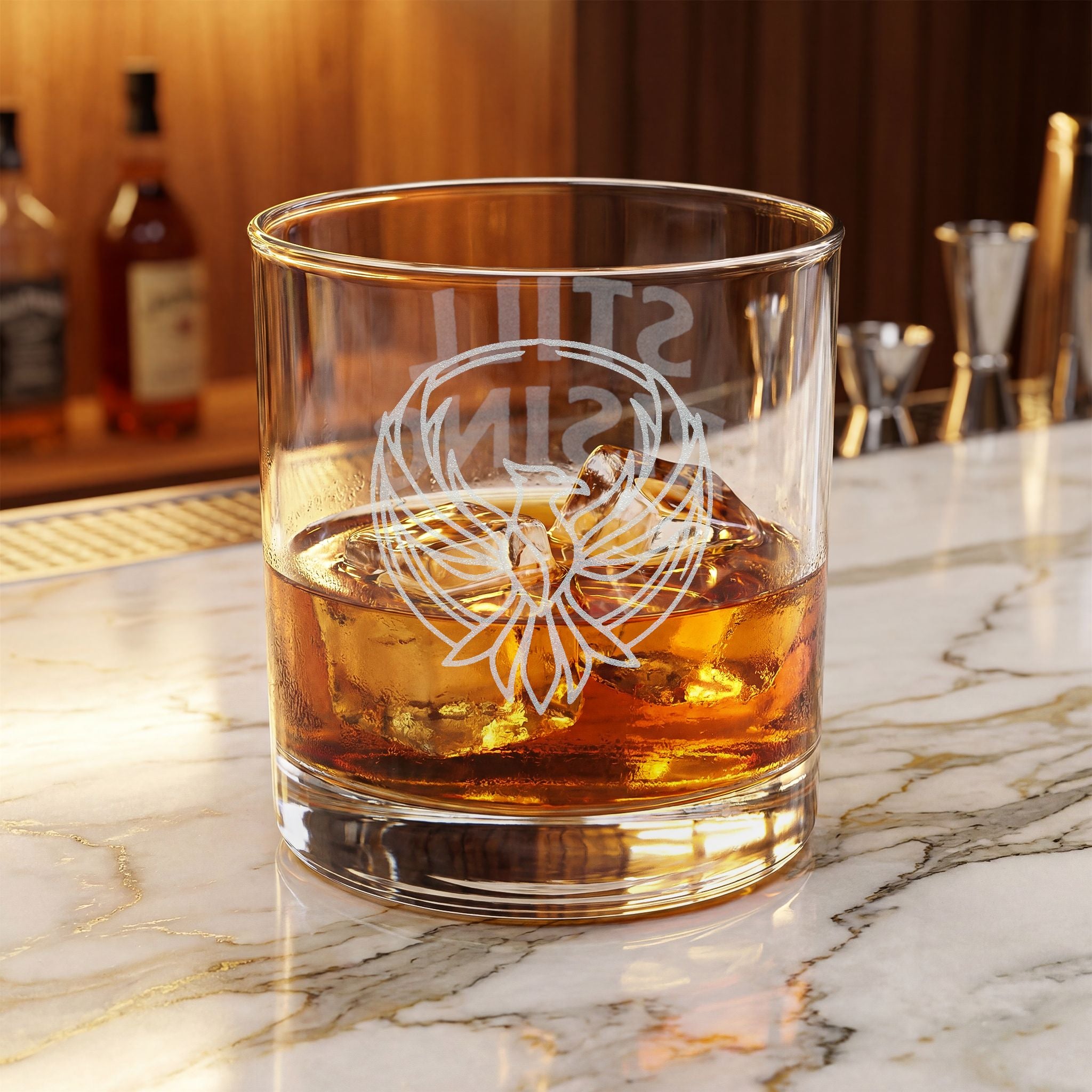 Still Rising Engraved 10.5 oz Rocks Glass | Rising Phoenix Emblem Whiskey Glass