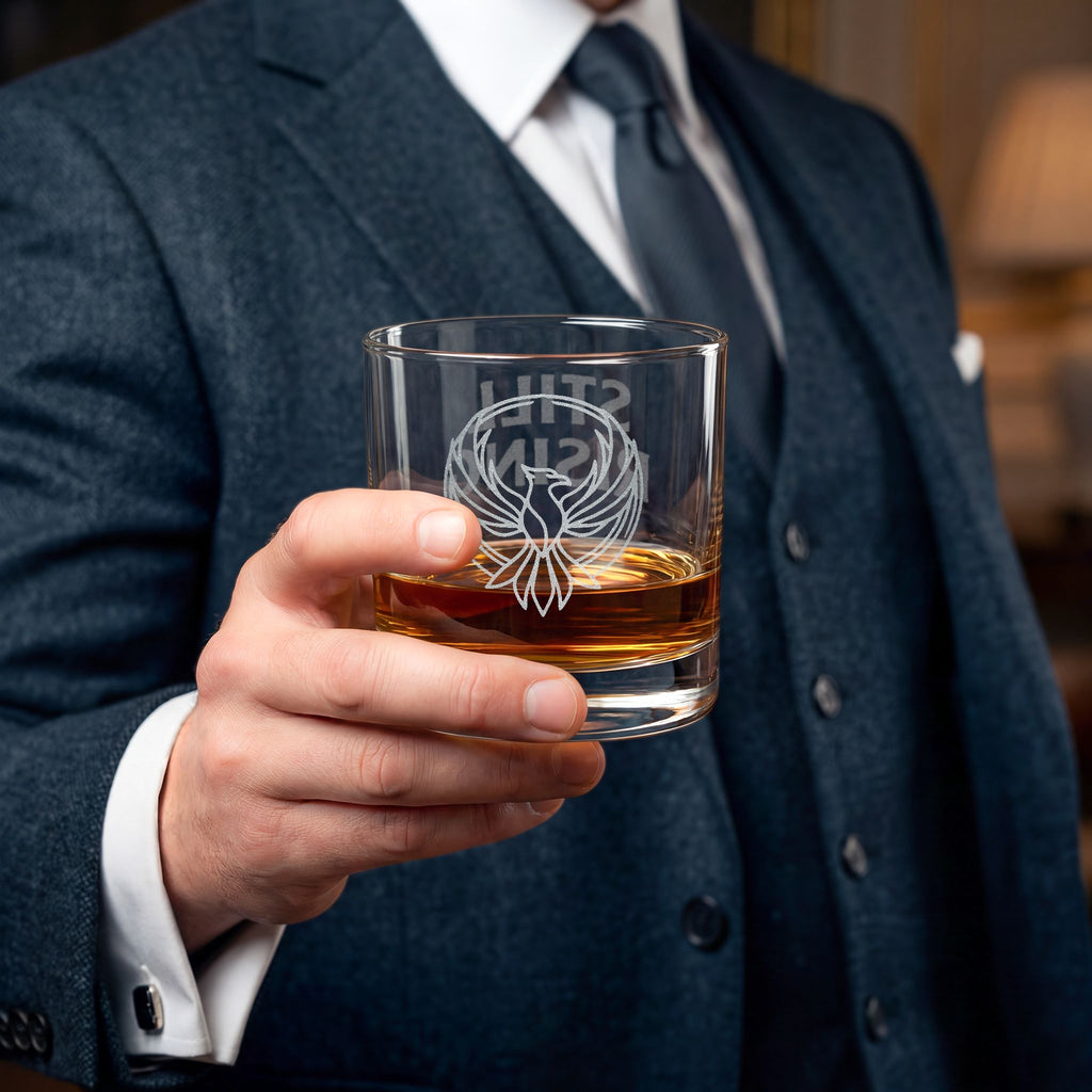 Still Rising Engraved 10.5 oz Rocks Glass | Rising Phoenix Emblem Whiskey Glass