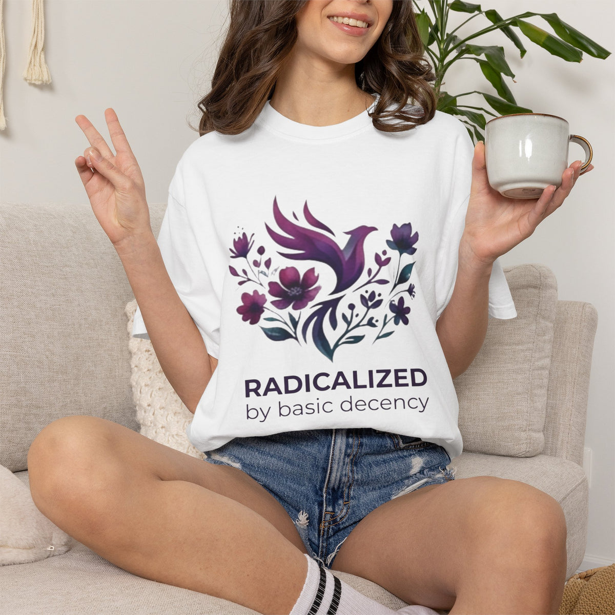 Radicalized by Basic Decency T-shirt | Floral Phoenix Graphic Tee | Activist Gift