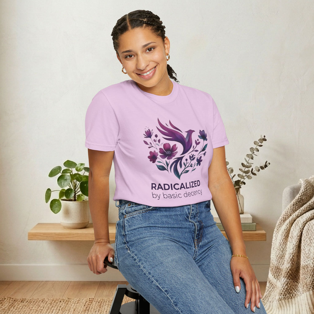 Radicalized by Basic Decency T-shirt | Floral Phoenix Graphic Tee | Activist Gift