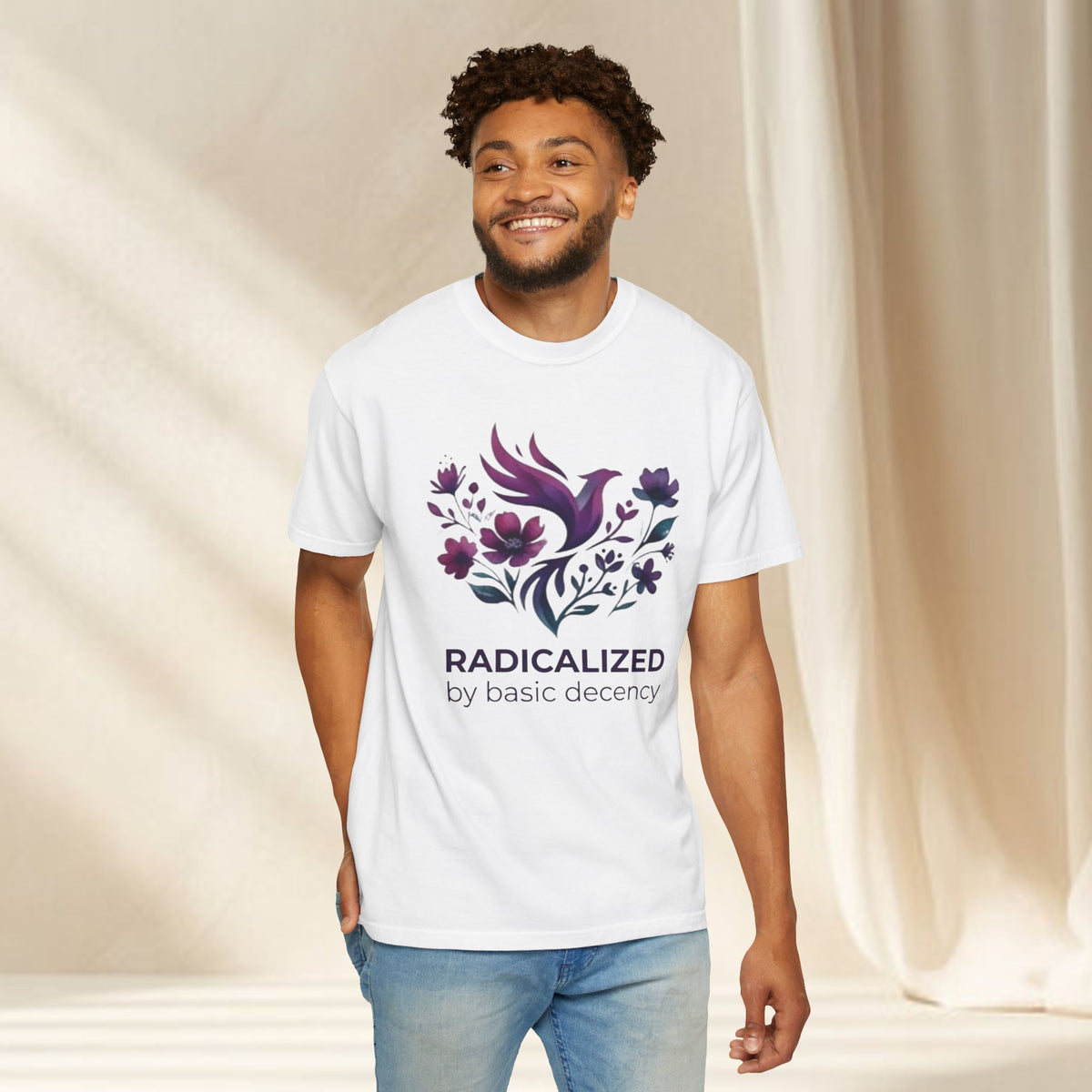 Radicalized by Basic Decency T-shirt | Floral Phoenix Graphic Tee | Activist Gift
