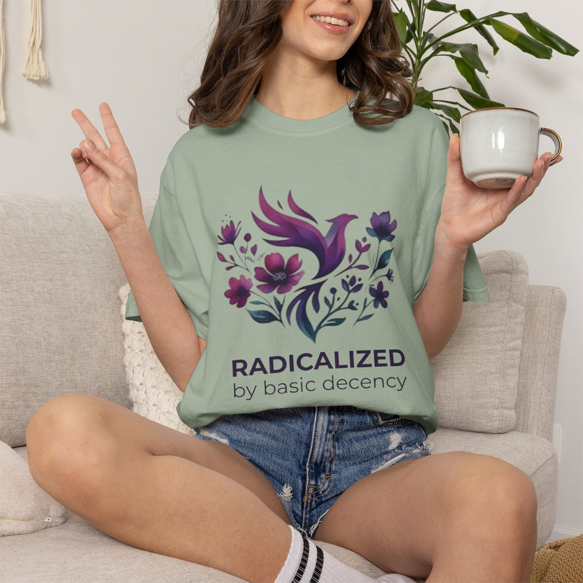 Radicalized by Basic Decency T-shirt | Floral Phoenix Graphic Tee | Activist Gift