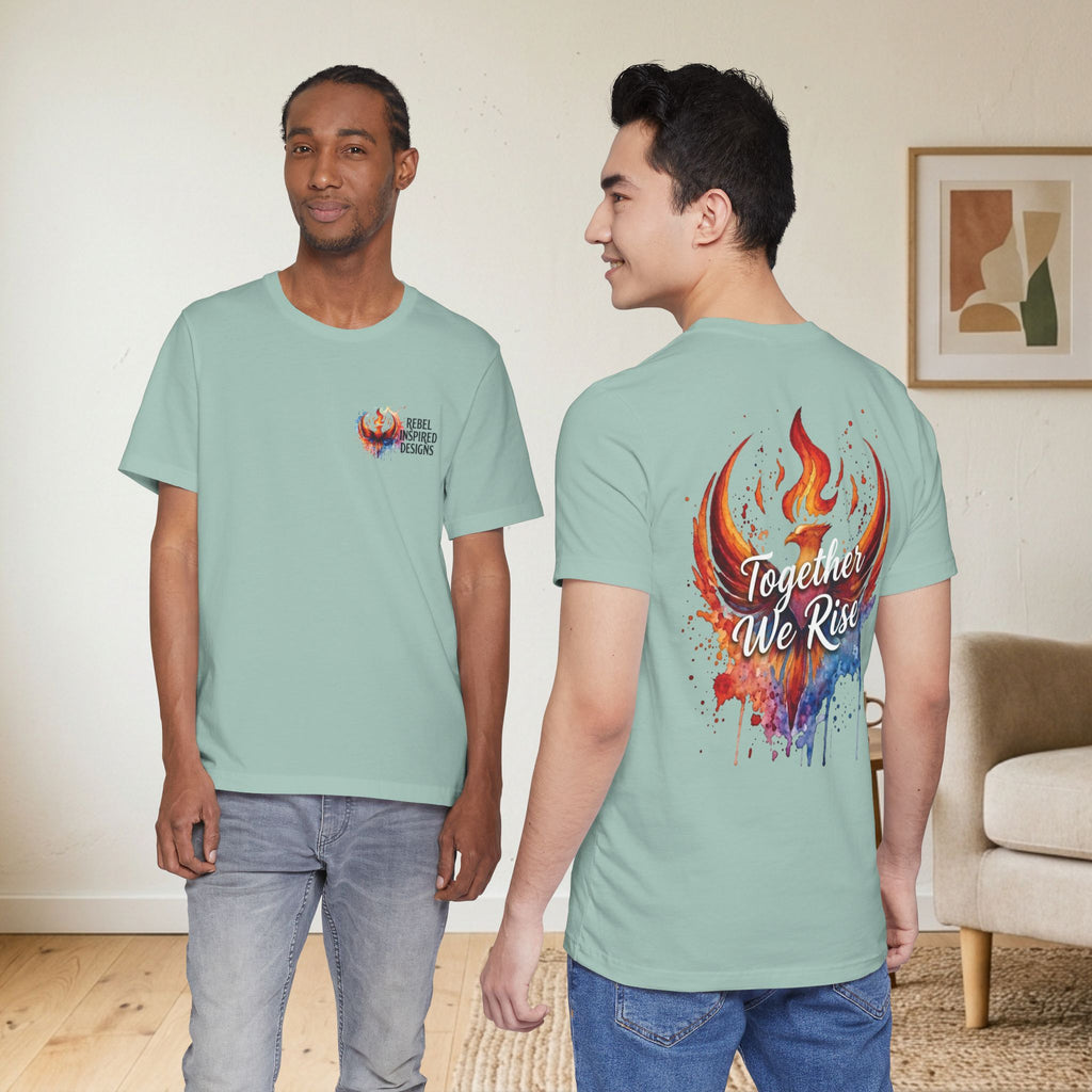Rebel Inspired Designs Logo T-Shirt | Phoenix Watercolor Chest Print | Together We Rise Graphic Tee