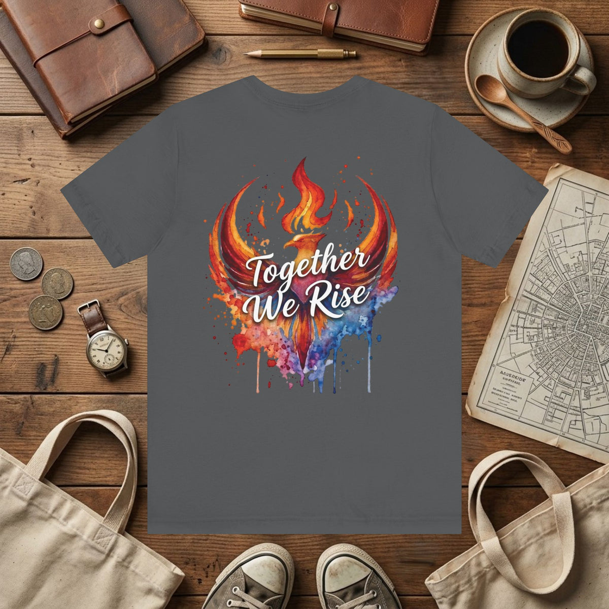 Rebel Inspired Designs Logo T-Shirt | Phoenix Watercolor Chest Print | Together We Rise Graphic Tee