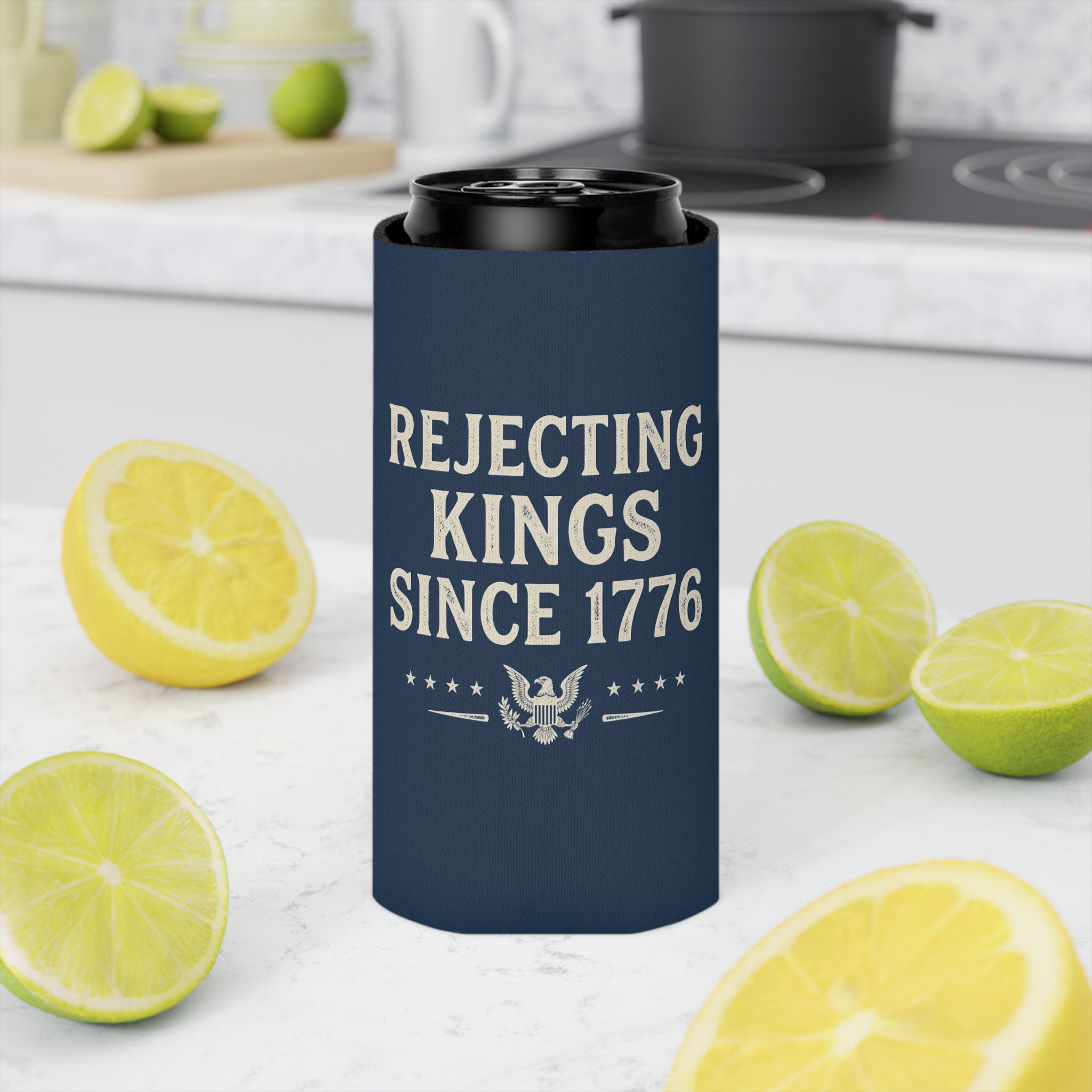 Rejecting Kings Since 1776 Can Cooler | Patriotic American Vintage Eagle Drink Sleeve