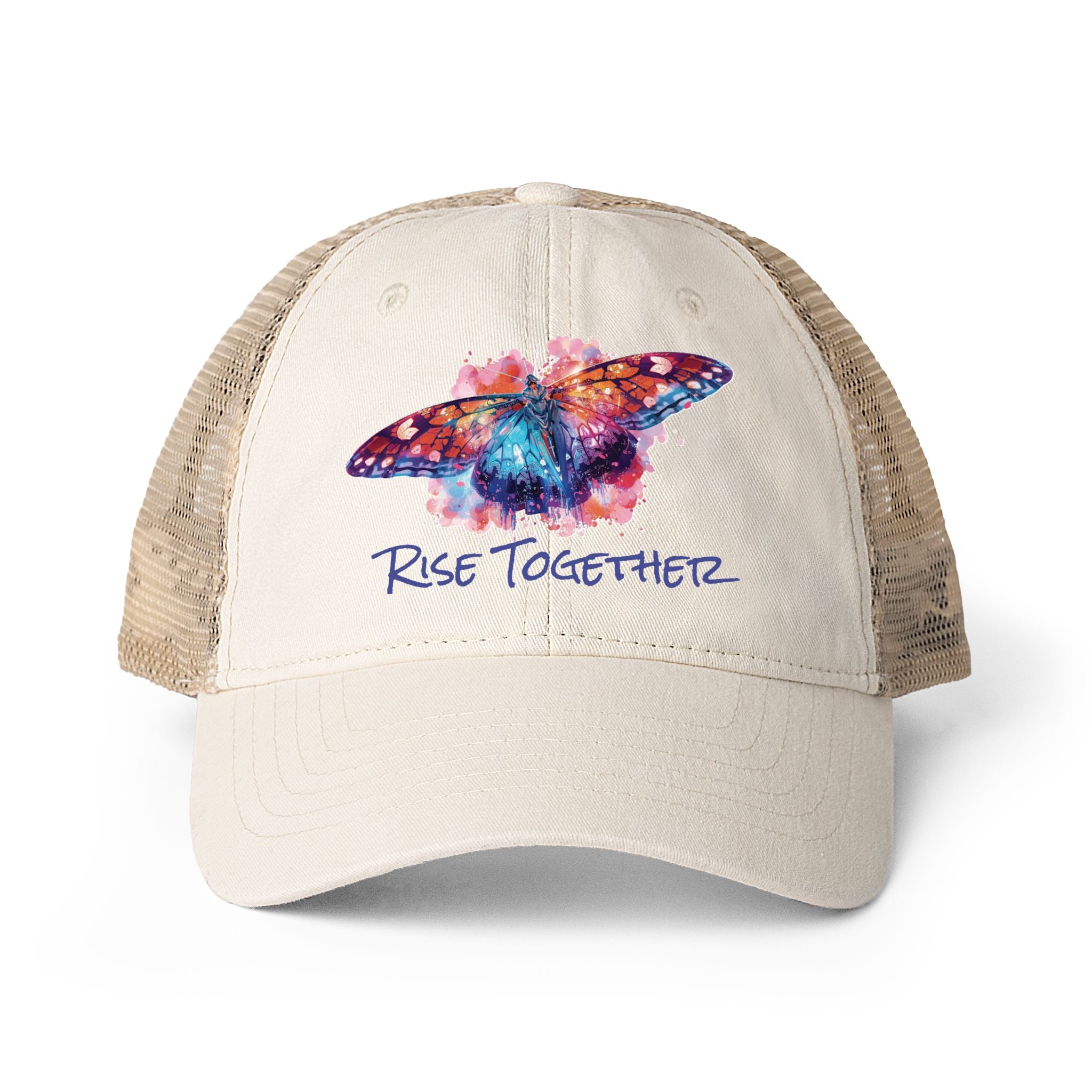 Butterfly Rise Together Mesh-Back Cap | Women's Washed Snap-Back Hat | Inspirational Gift