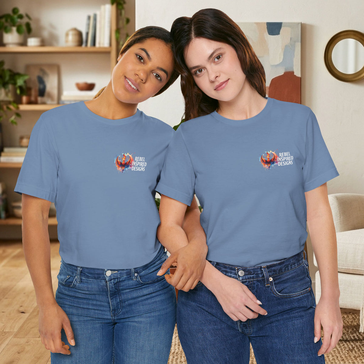 Rebel Inspired Designs Logo T-Shirt | Phoenix Watercolor Chest Print | Together We Rise Graphic Tee