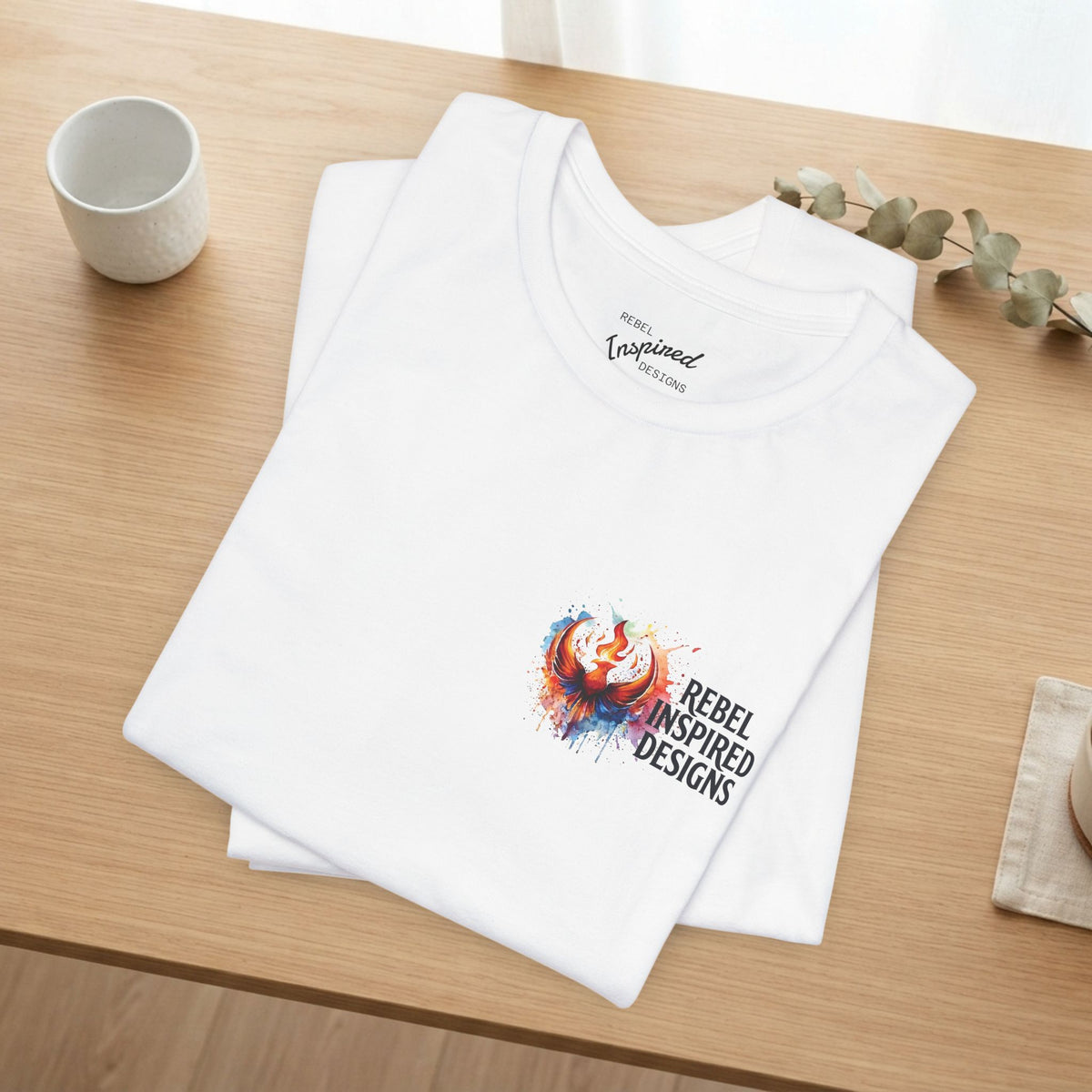 Rebel Inspired Designs Logo T-Shirt | Phoenix Watercolor Chest Print | Together We Rise Graphic Tee
