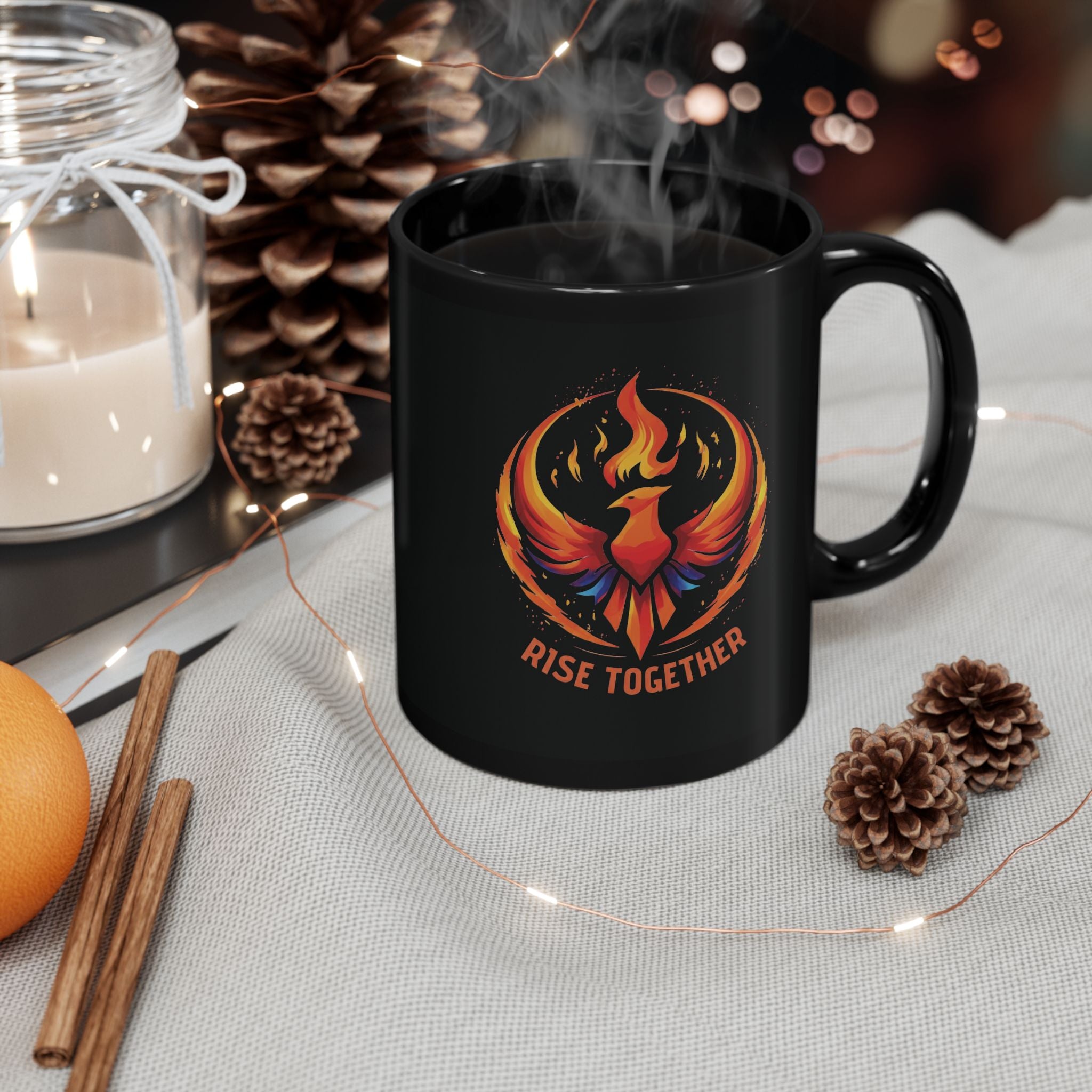 Rise Together Phoenix Mug | Black Ceramic Coffee Cup 11oz, 15oz | Rebel Gift
