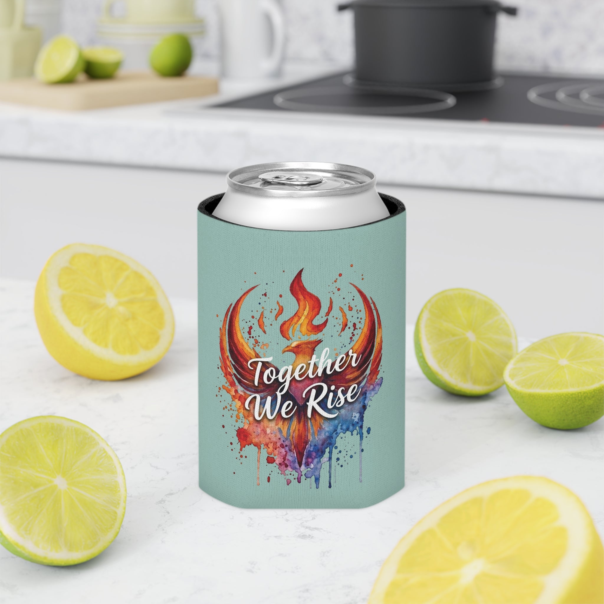 Together We Rise Phoenix Can Cooler | Watercolor Flame Drink Sleeve