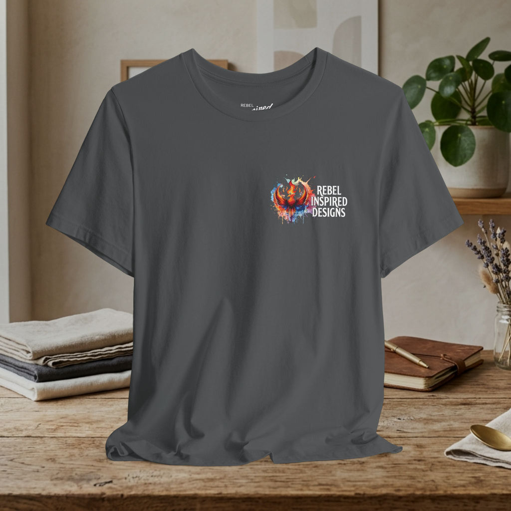 Rebel Inspired Designs Logo T-Shirt | Phoenix Watercolor Chest Print | Together We Rise Graphic Tee