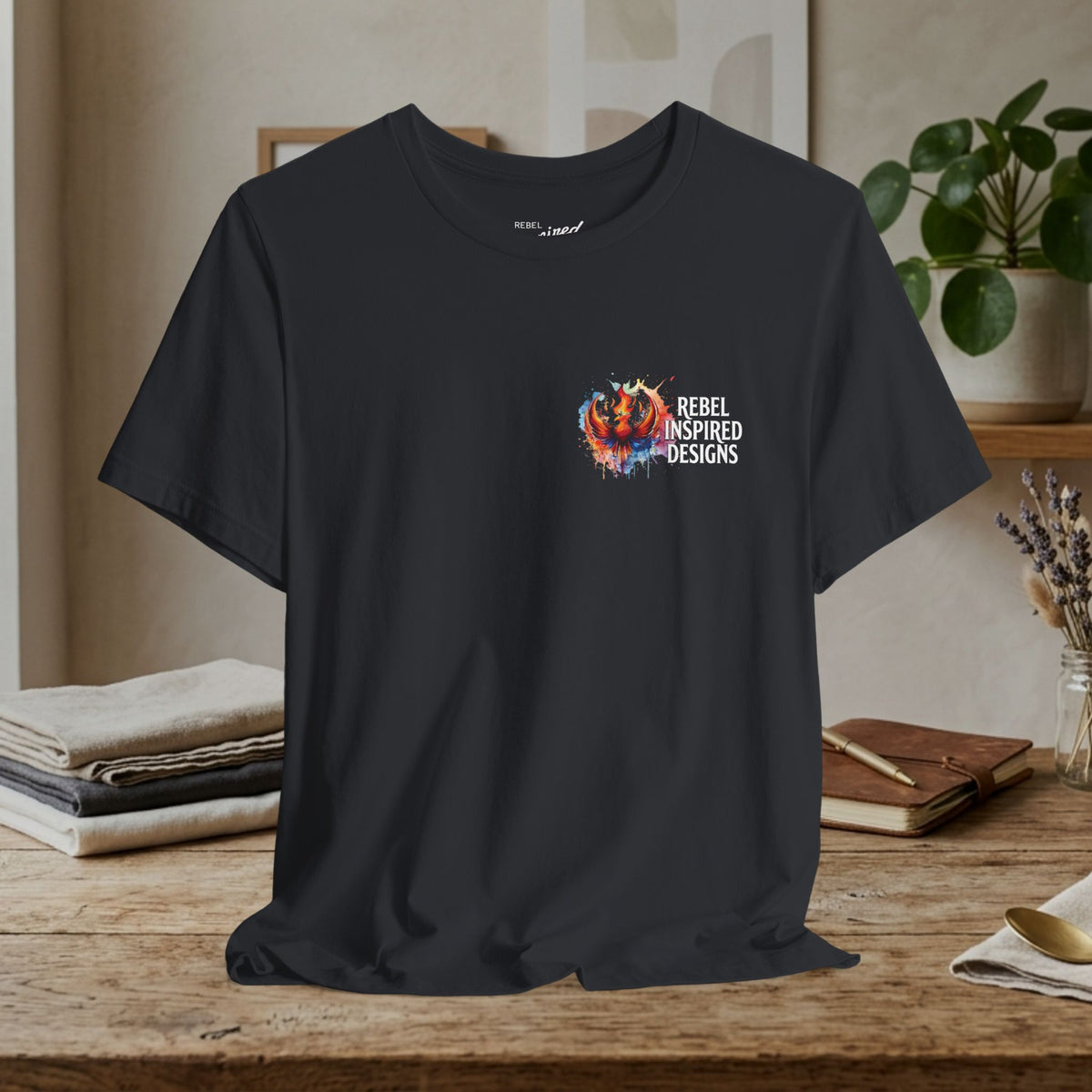 Rebel Inspired Designs Logo T-Shirt | Phoenix Watercolor Chest Print | Together We Rise Graphic Tee