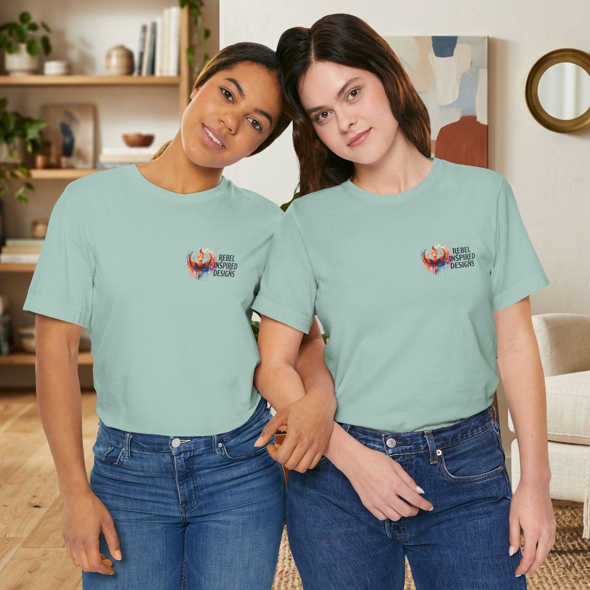 Rebel Inspired Designs Logo T-Shirt | Phoenix Watercolor Chest Print | Together We Rise Graphic Tee