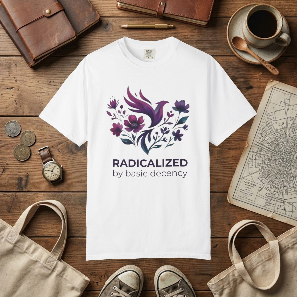 Radicalized by Basic Decency T-shirt | Floral Phoenix Graphic Tee | Activist Gift