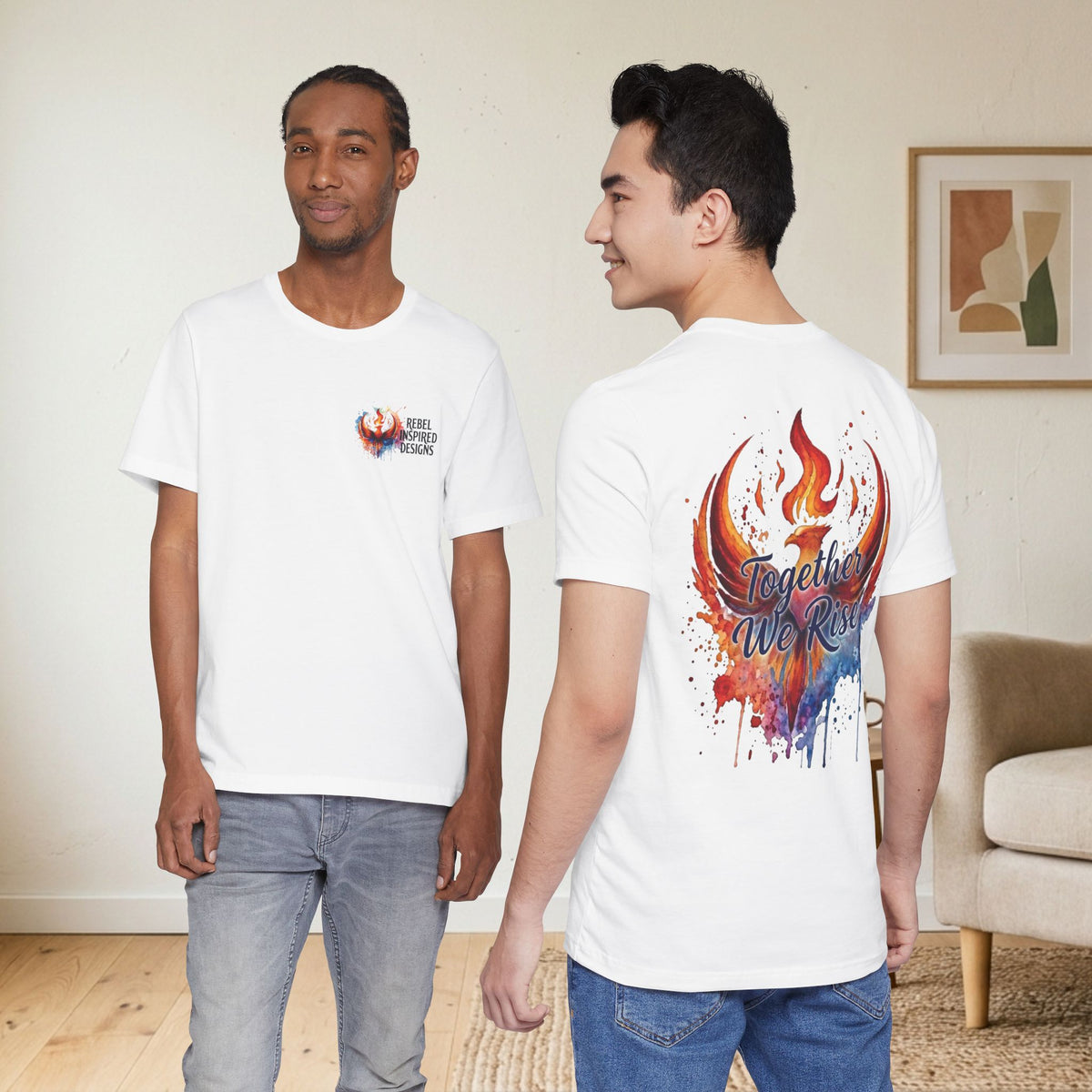 Rebel Inspired Designs Logo T-Shirt | Phoenix Watercolor Chest Print | Together We Rise Graphic Tee
