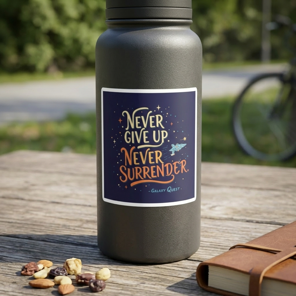 Never Give Up, Never Surrender Stickers | Space & Sci-Fi Vinyl Decals