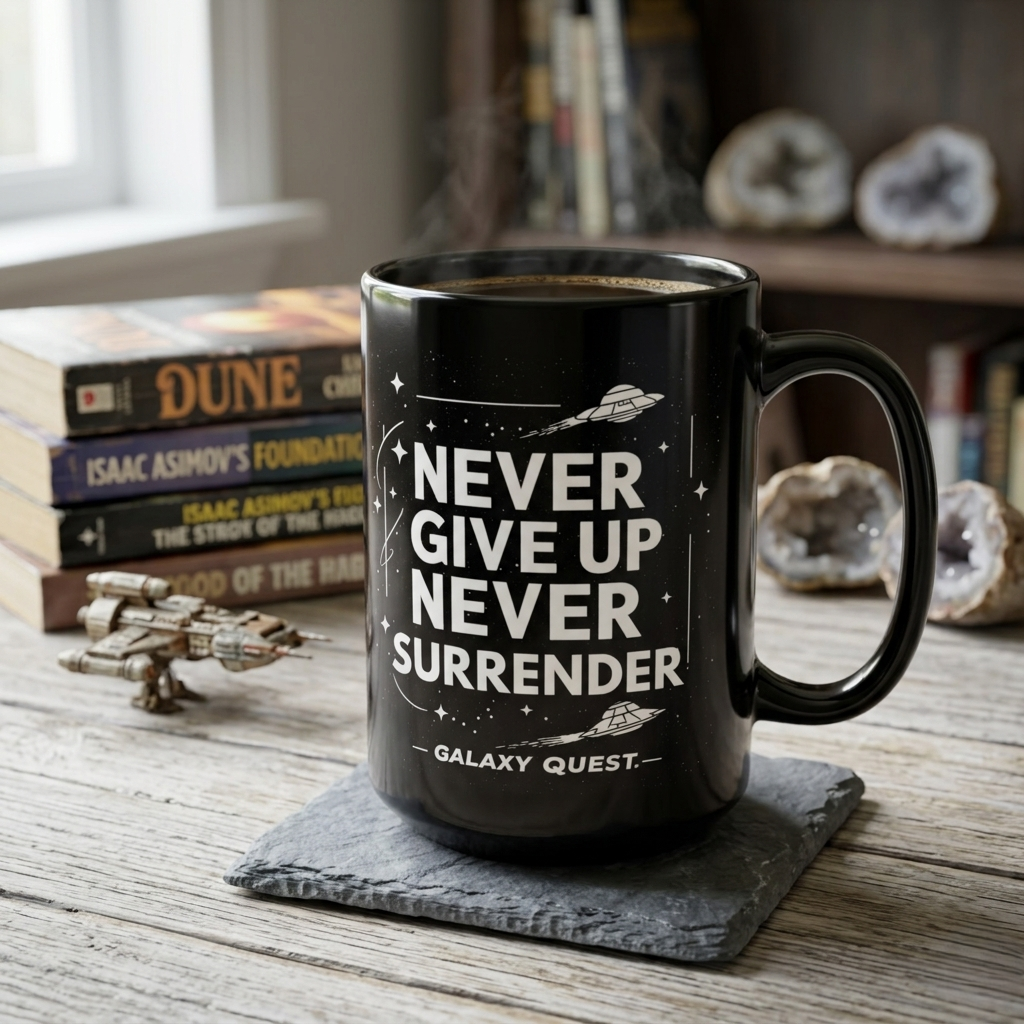 Never Give Up Never Surrender Coffee Cup | Sci-Fi Inspired Mug | Geek Gift