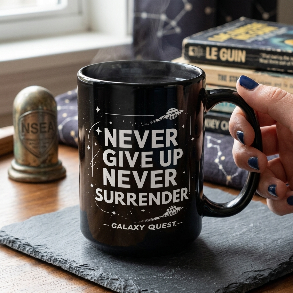 Never Give Up Never Surrender Coffee Cup | Sci-Fi Inspired Mug | Geek Gift