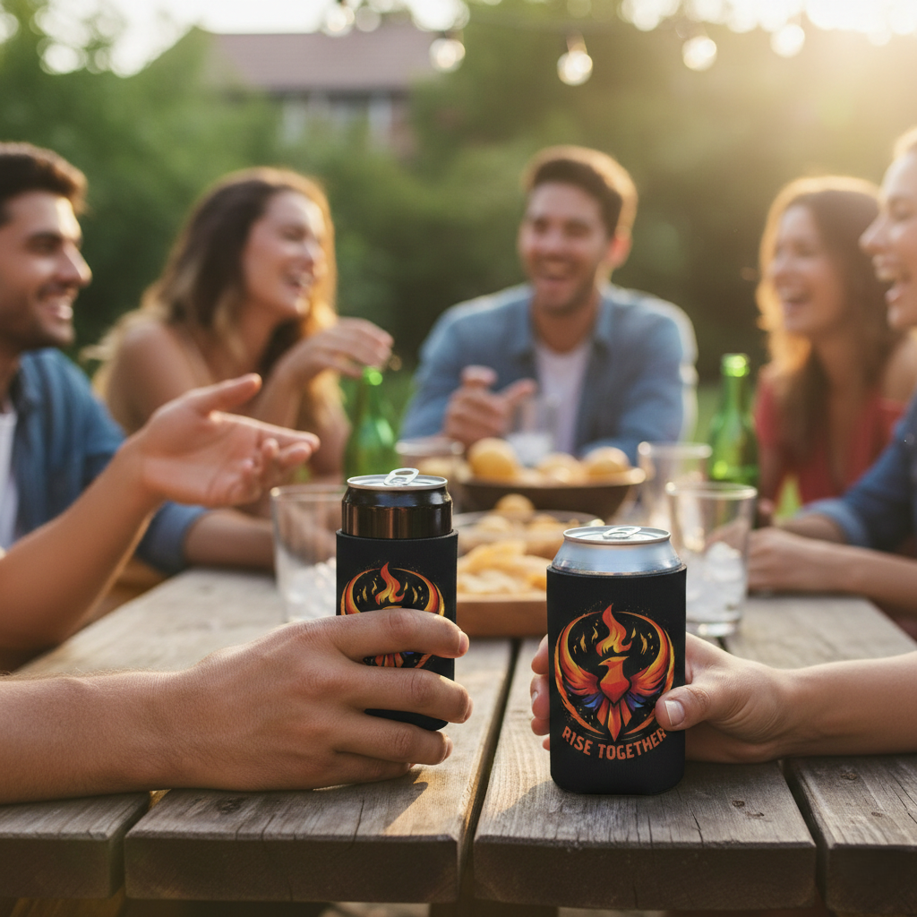 Rise Together Phoenix Can Cooler | Rising Phoenix Logo Beverage Insulator