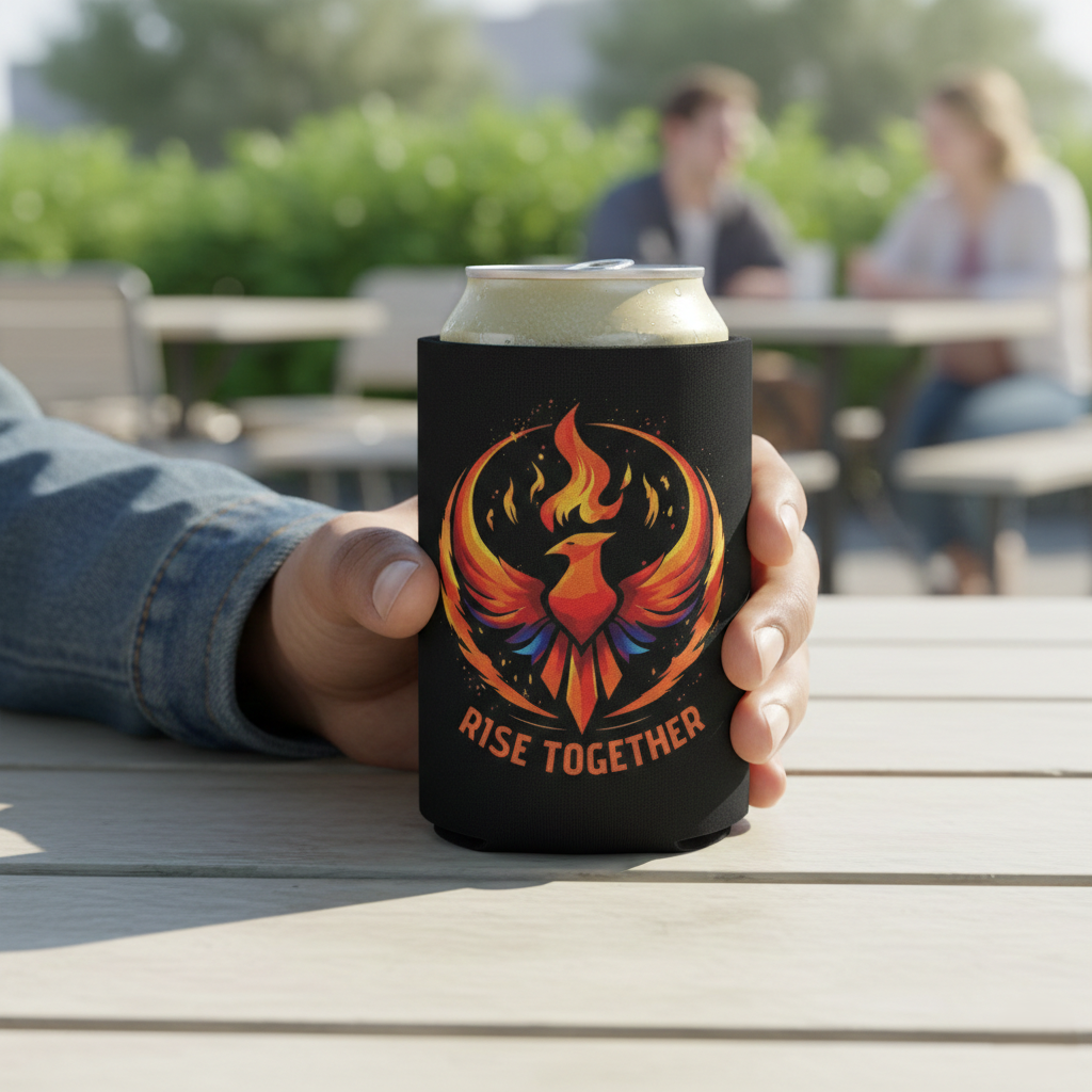 Rise Together Phoenix Can Cooler | Rising Phoenix Logo Beverage Insulator
