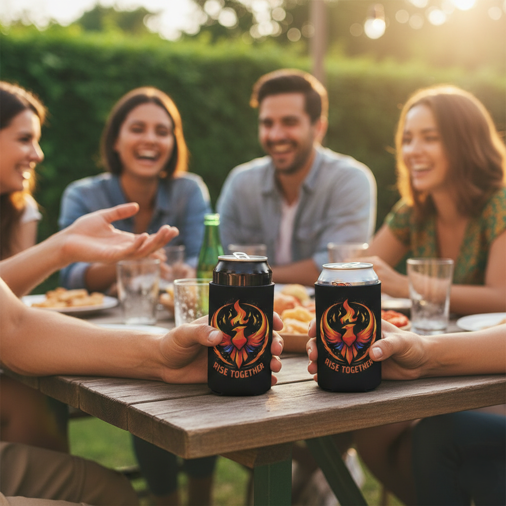 Rise Together Phoenix Can Cooler | Rising Phoenix Logo Beverage Insulator