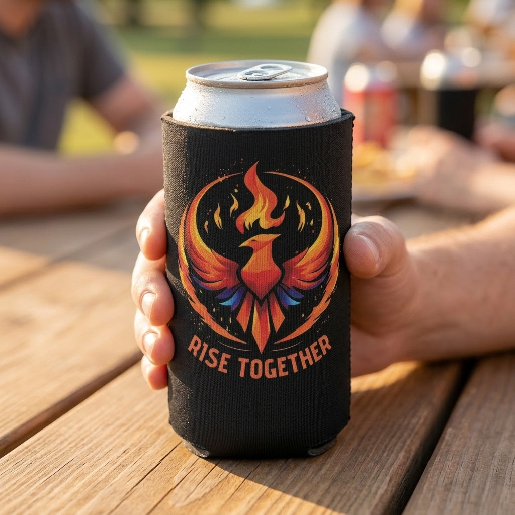 Rise Together Phoenix Can Cooler | Rising Phoenix Logo Beverage Insulator