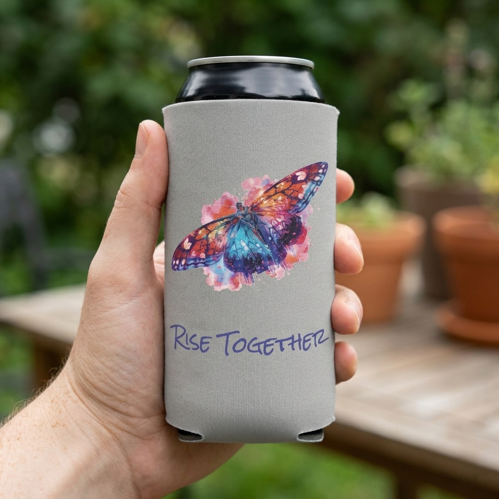 Butterfly Rise Together Can Cooler | Inspirational Watercolor Design | Activist Gift