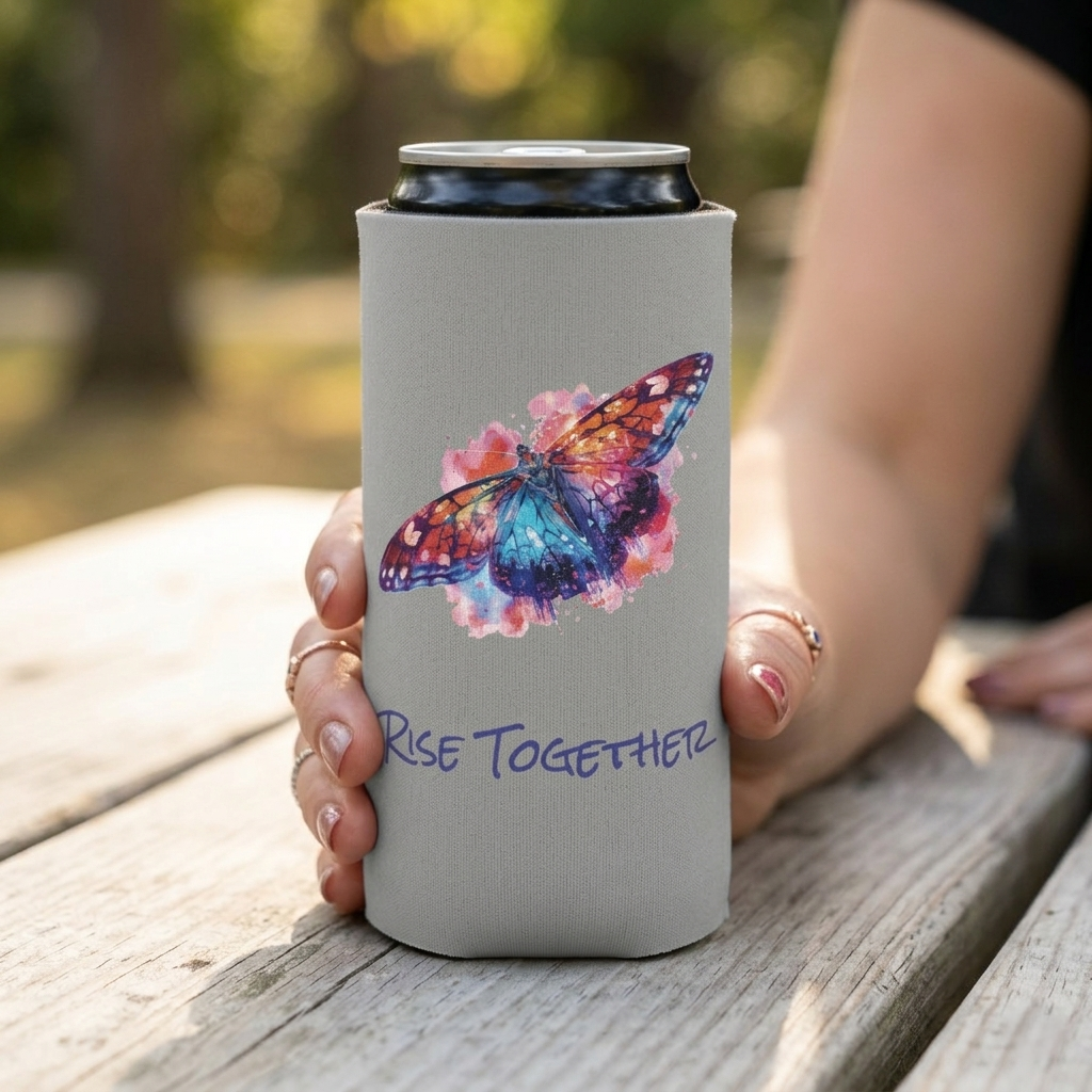 Butterfly Rise Together Can Cooler | Inspirational Watercolor Design | Activist Gift
