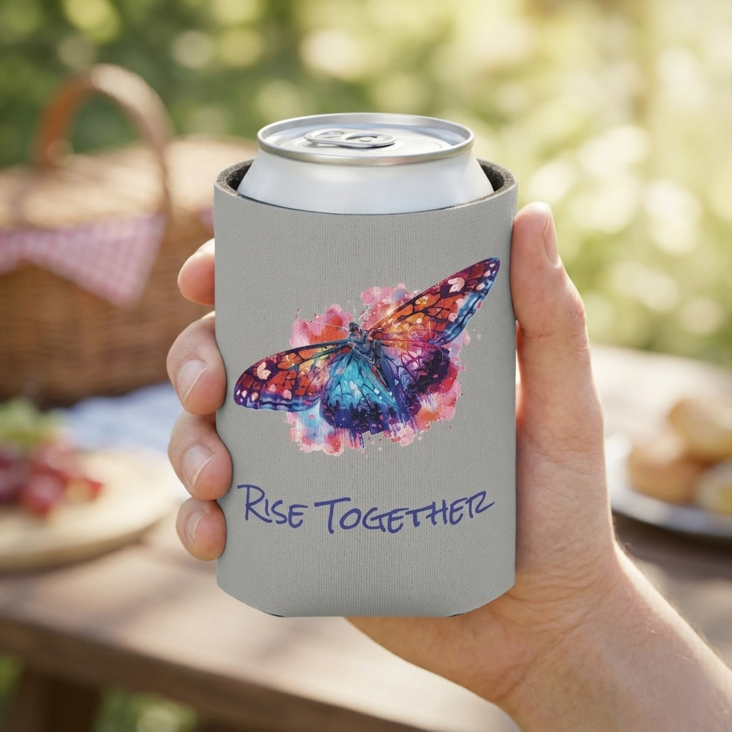 Butterfly Rise Together Can Cooler | Inspirational Watercolor Design | Activist Gift