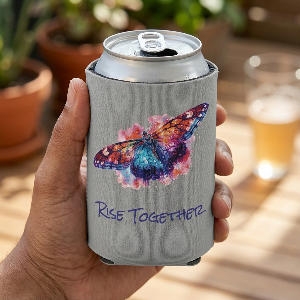 Butterfly Rise Together Can Cooler | Inspirational Watercolor Design | Activist Gift