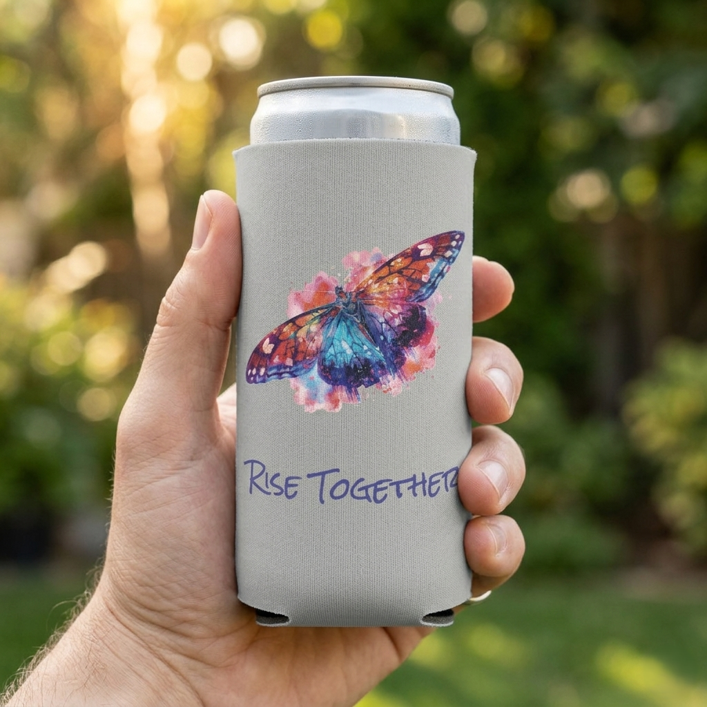 Butterfly Rise Together Can Cooler | Inspirational Watercolor Design | Activist Gift