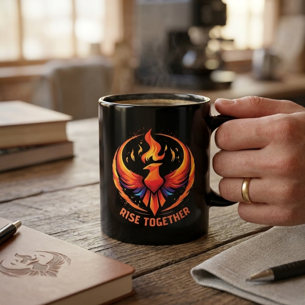 Rise Together Phoenix Mug | Black Ceramic Coffee Cup 11oz, 15oz | Rebel Gift