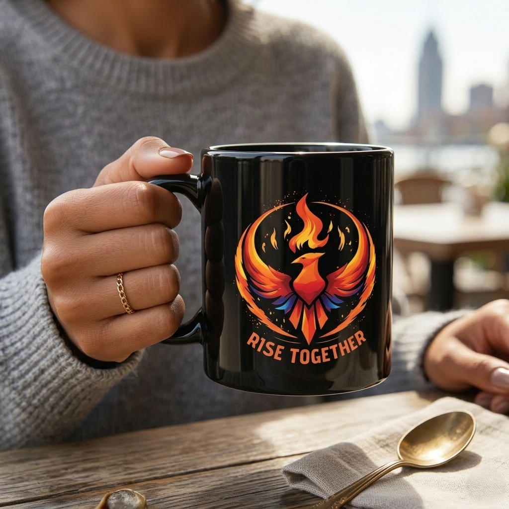 Rise Together Phoenix Mug | Black Ceramic Coffee Cup 11oz, 15oz | Rebel Gift