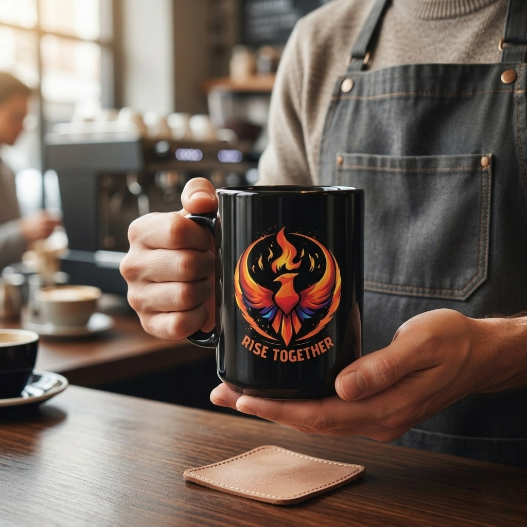 Rise Together Phoenix Mug | Black Ceramic Coffee Cup 11oz, 15oz | Rebel Gift