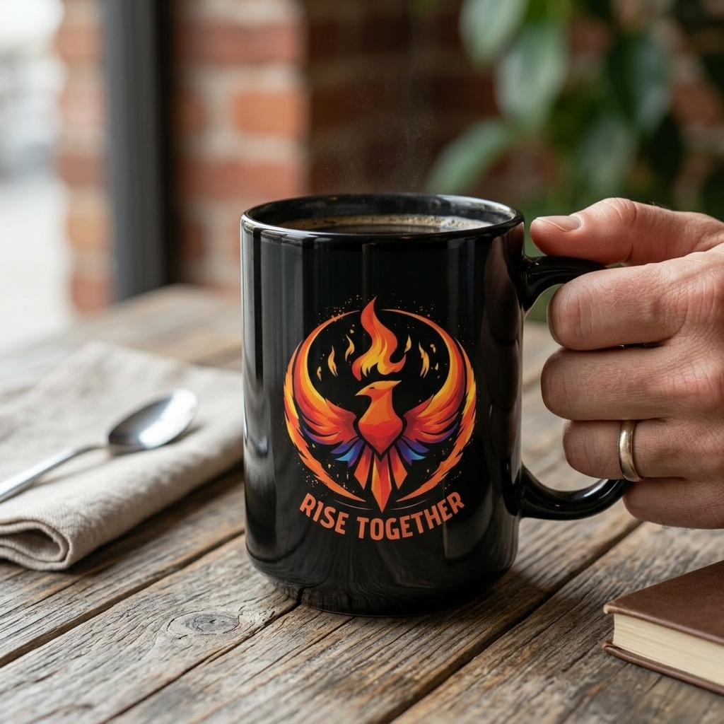 Rise Together Phoenix Mug | Black Ceramic Coffee Cup 11oz, 15oz | Rebel Gift
