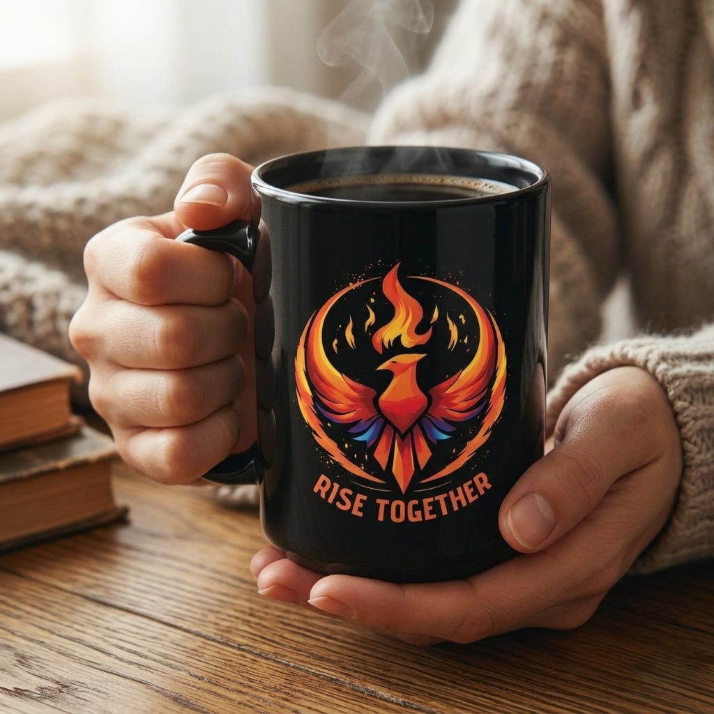 Rise Together Phoenix Mug | Black Ceramic Coffee Cup 11oz, 15oz | Rebel Gift