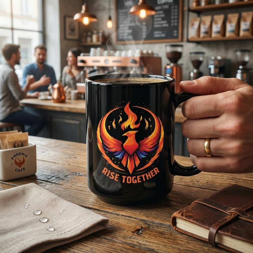Rise Together Phoenix Mug | Black Ceramic Coffee Cup 11oz, 15oz | Rebel Gift