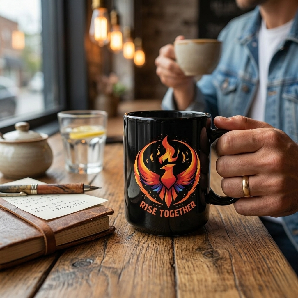 Rise Together Phoenix Mug | Black Ceramic Coffee Cup 11oz, 15oz | Rebel Gift