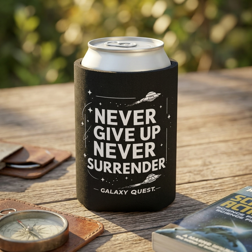 Never Give Up Never Surrender Can Cooler | Sci-Fi Inspired Drink Holder | Geek Gift