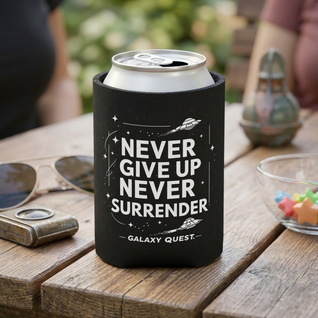 Never Give Up Never Surrender Can Cooler | Sci-Fi Inspired Drink Holder | Geek Gift