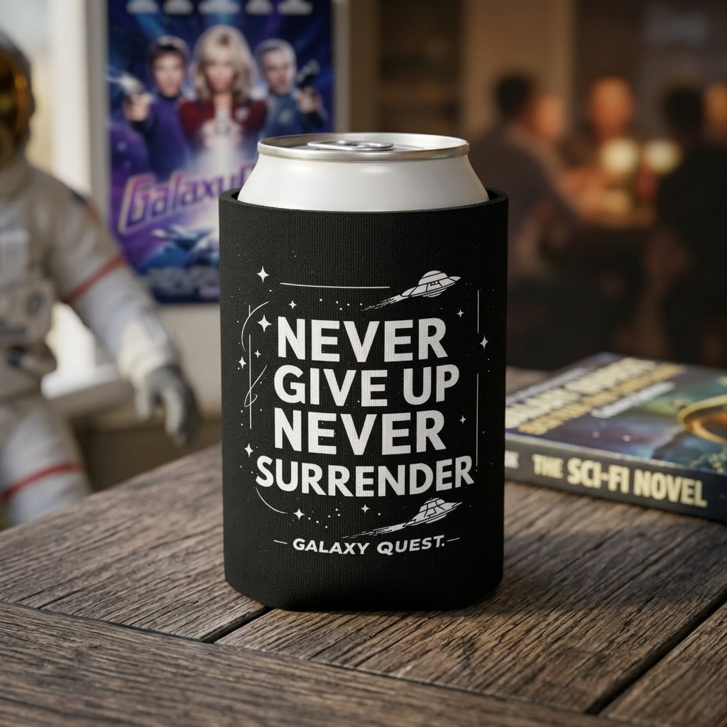 Never Give Up Never Surrender Can Cooler | Sci-Fi Inspired Drink Holder | Geek Gift