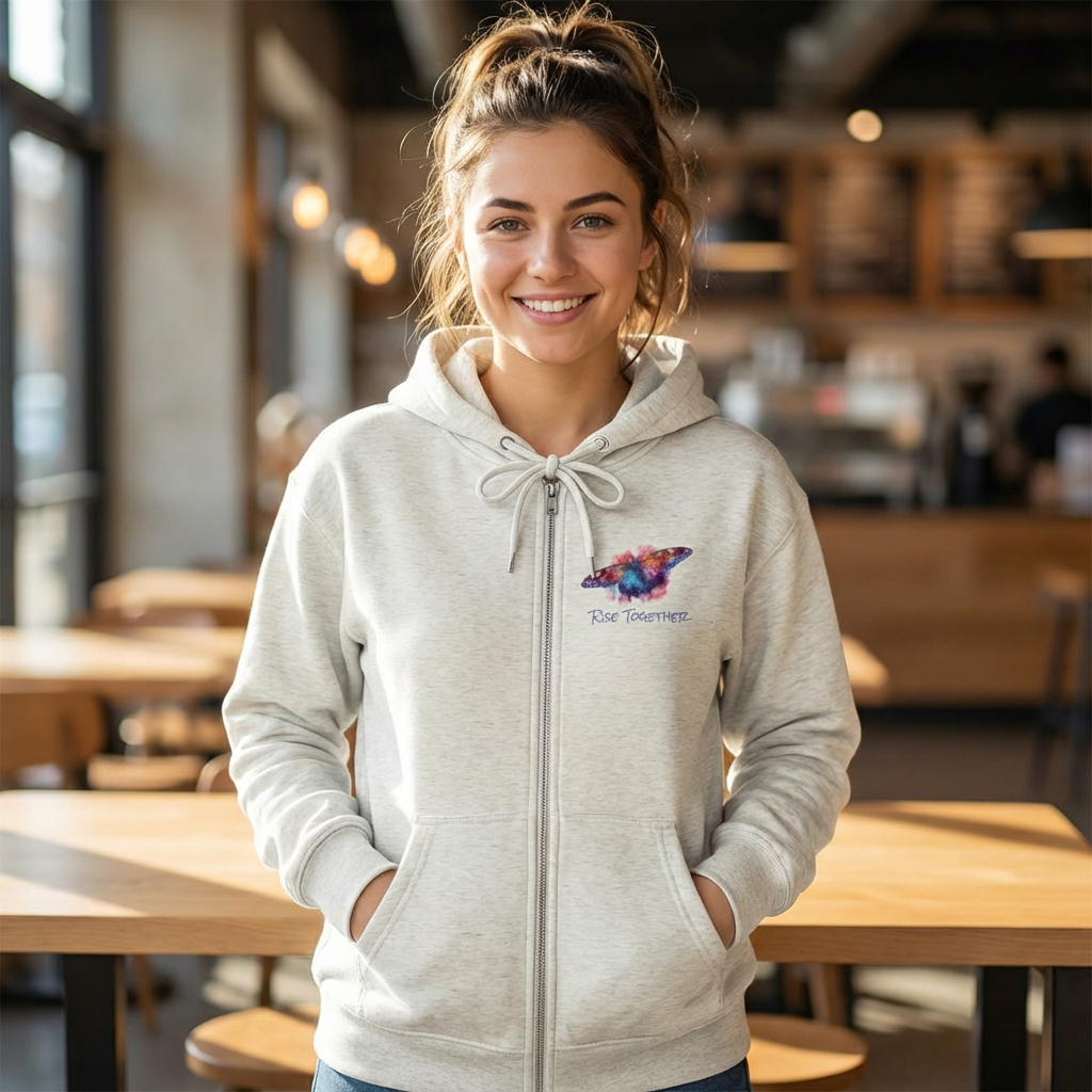 Butterfly Zip Hoodie | "Rise Together" Inspirational Zip-Up Sweatshirt