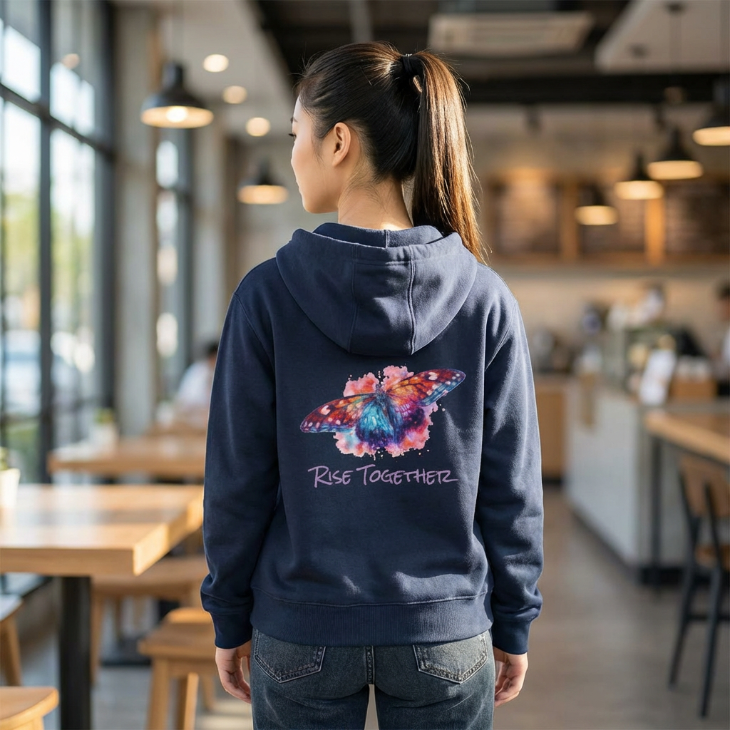 Butterfly Zip Hoodie | "Rise Together" Inspirational Zip-Up Sweatshirt