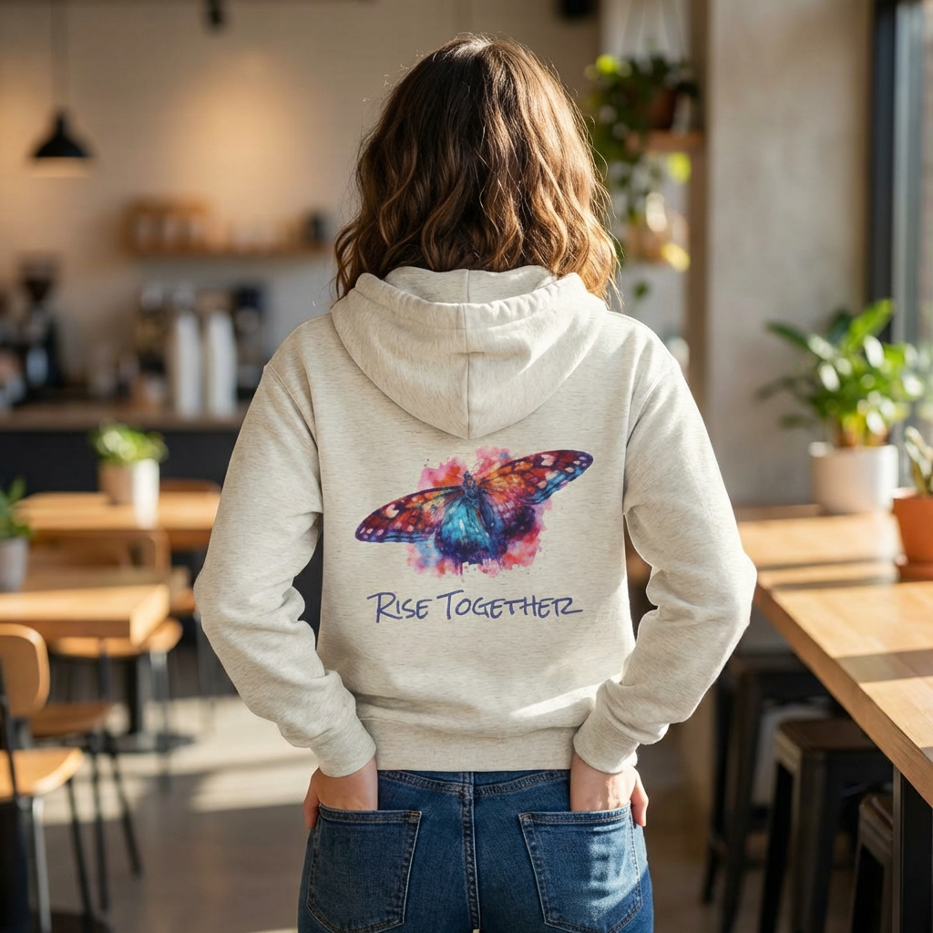 Butterfly Zip Hoodie | "Rise Together" Inspirational Zip-Up Sweatshirt