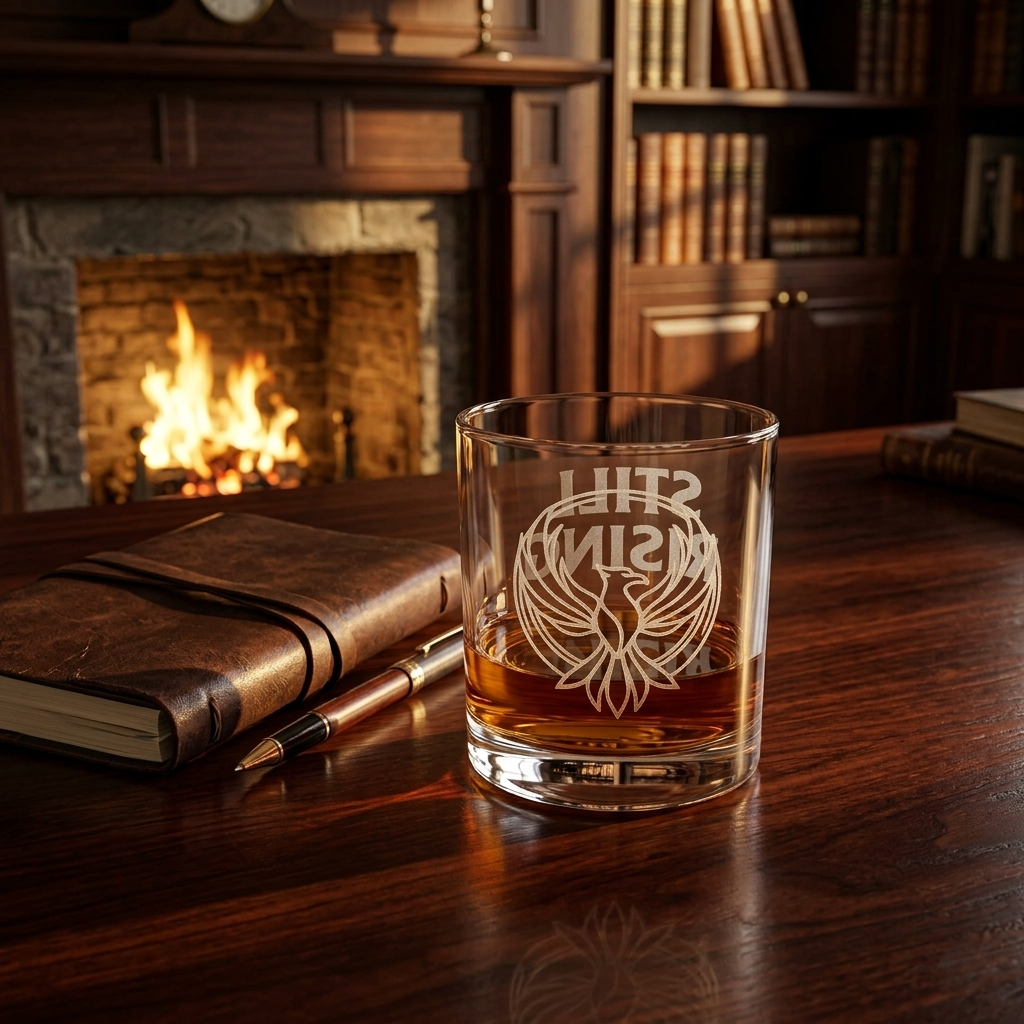 Still Rising Engraved 10.5 oz Rocks Glass | Rising Phoenix Emblem Whiskey Glass